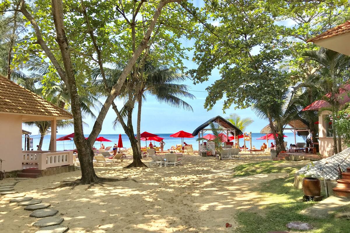 A beach with palm trees, red umbrellas, and a thatched-roof structure.