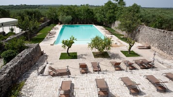 Una piscina al aire libre, sombrillas, sillones reclinables de piscina