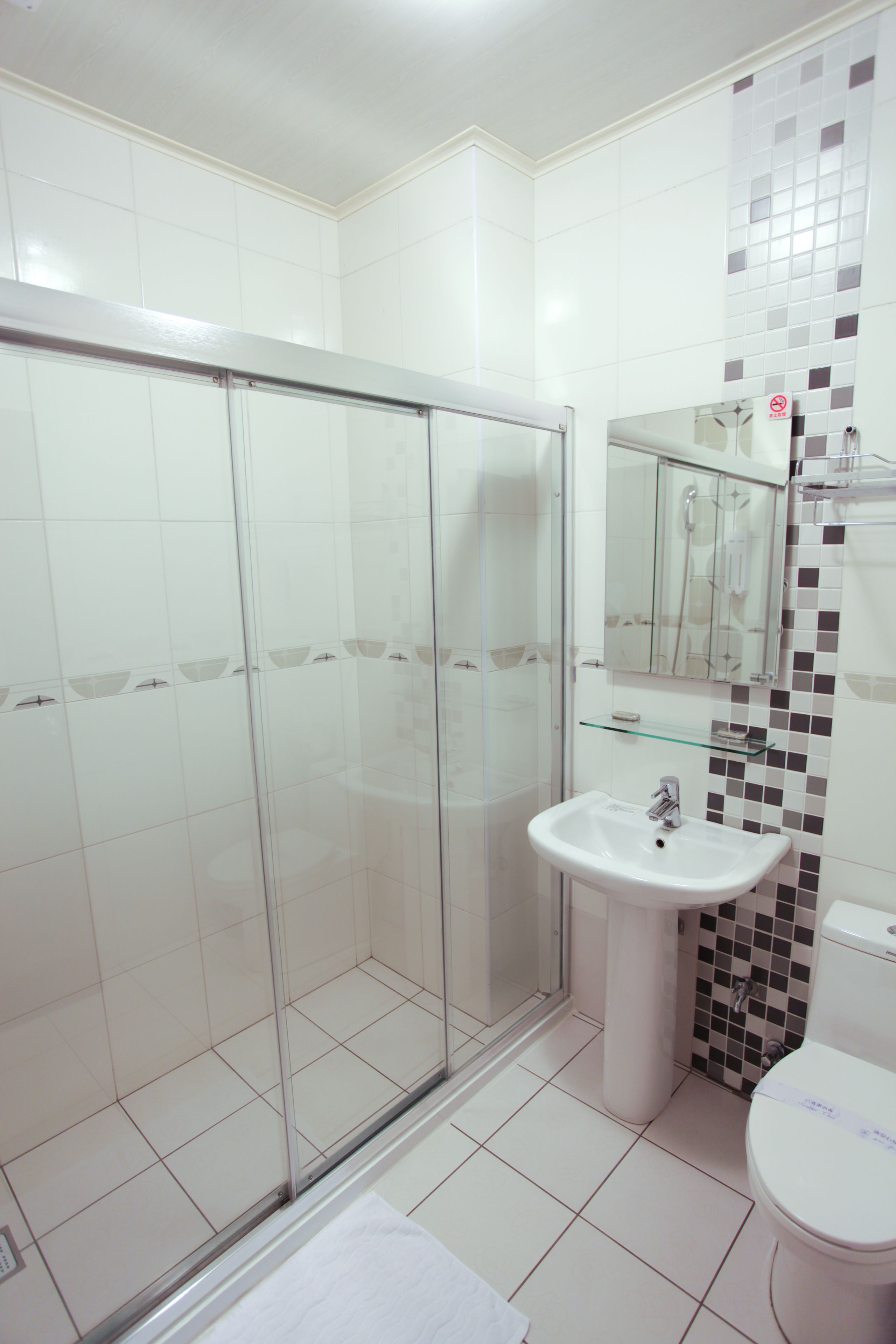 A modern bathroom with a glass-enclosed shower, a pedestal sink, and a toilet.