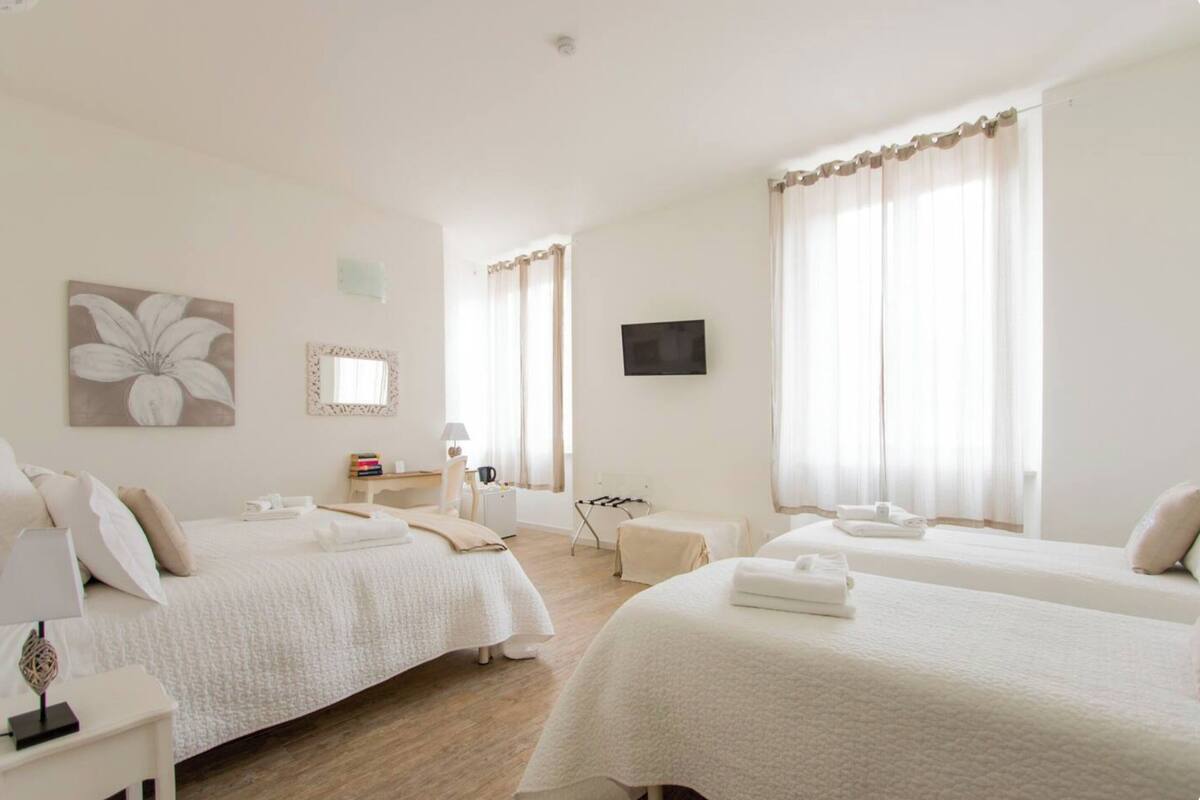 Une chambre d’hôtel avec deux lits, une télévision, un miroir et un tableau représentant des fleurs.