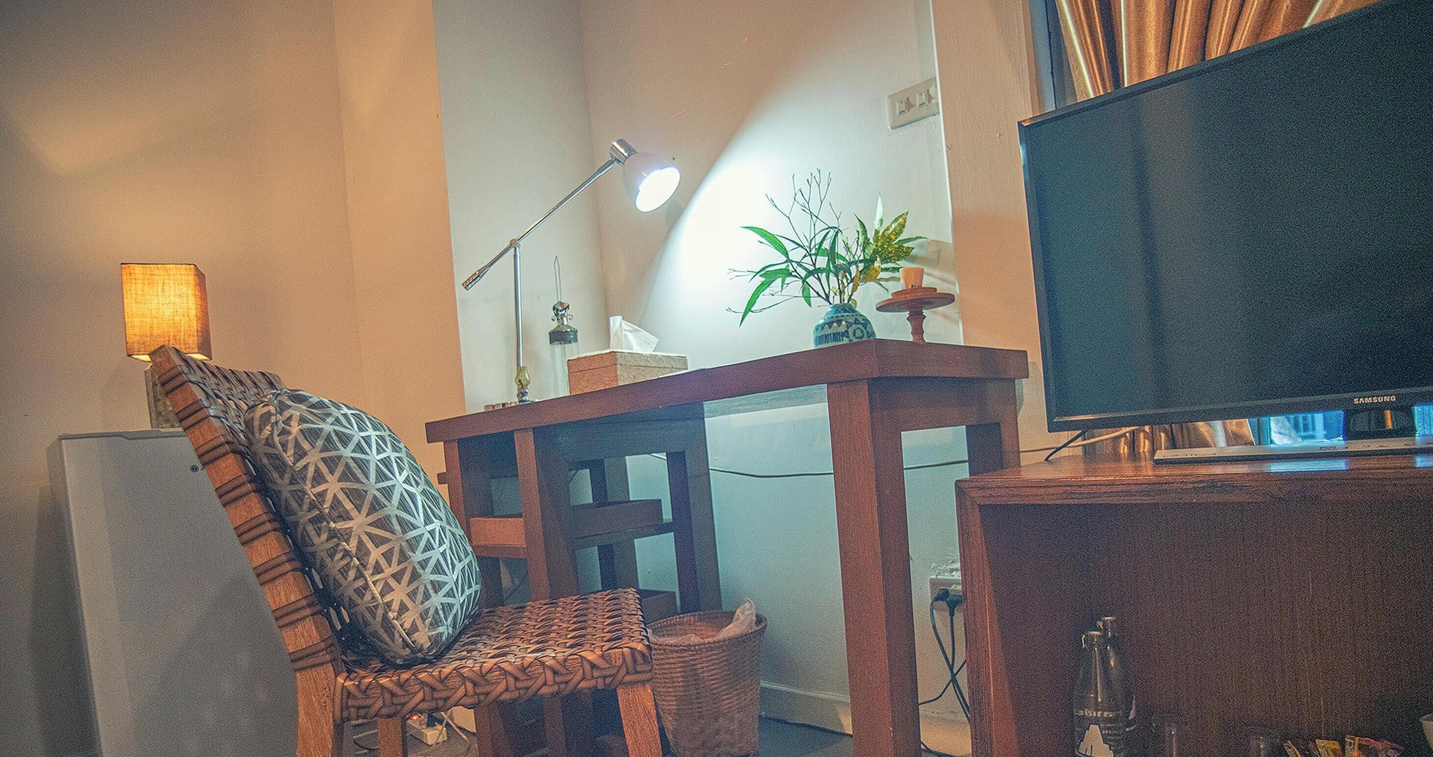 Un salon avec une télévision, une lampe, un fauteuil et une plante.