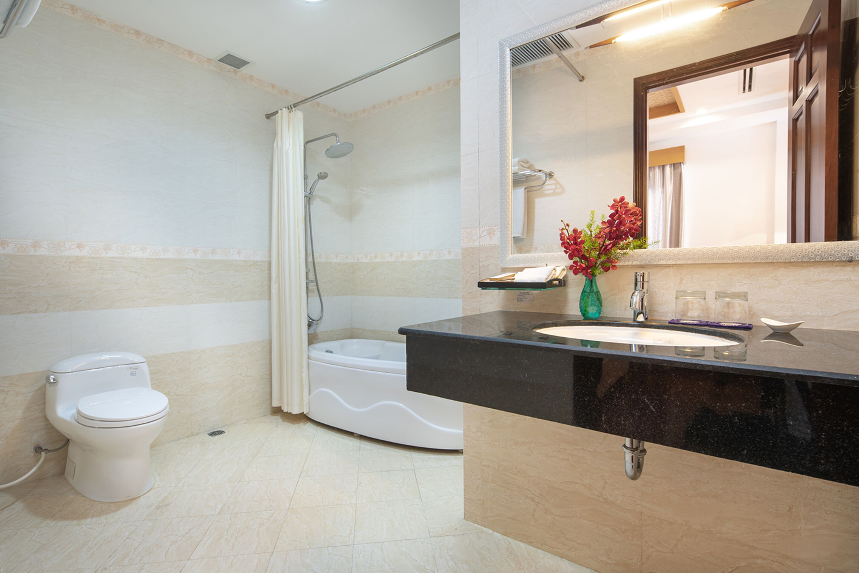 suite | bathroom | hair dryer, bathrobes, slippers, towels