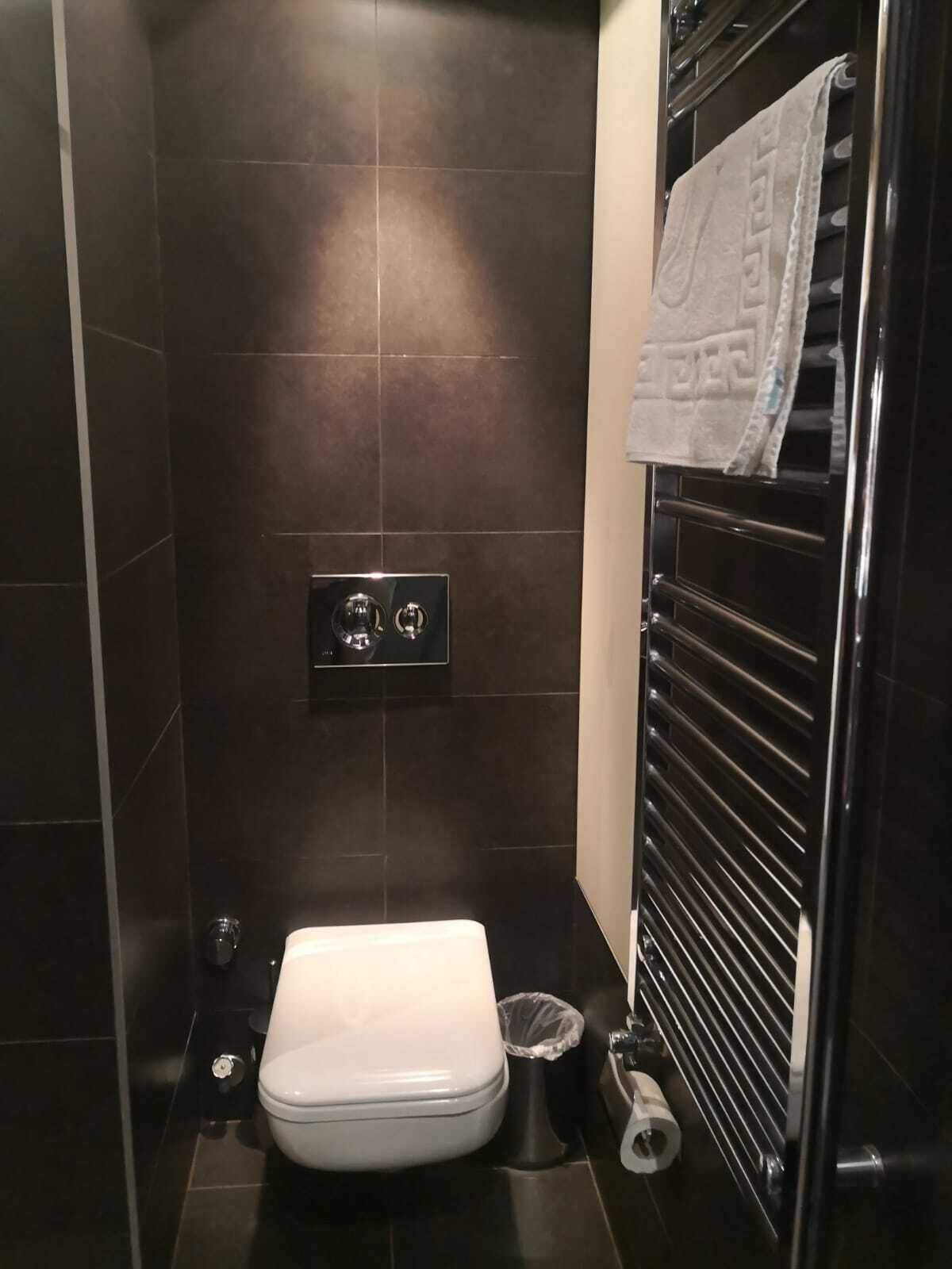 A small, dark-toned bathroom with a white toilet, a wall-mounted flush handle, and a towel rack with a towel.