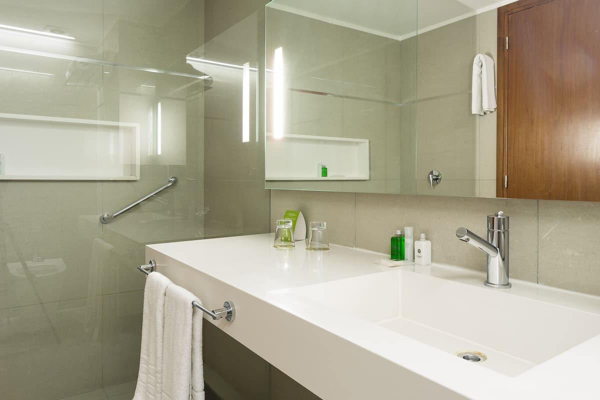 shower, free toiletries, hair dryer, towels