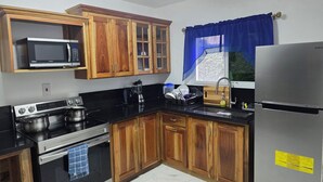 Una cocina con armarios de madera, un refrigerador de acero inoxidable, un microondas, una estufa y un lavamanos.