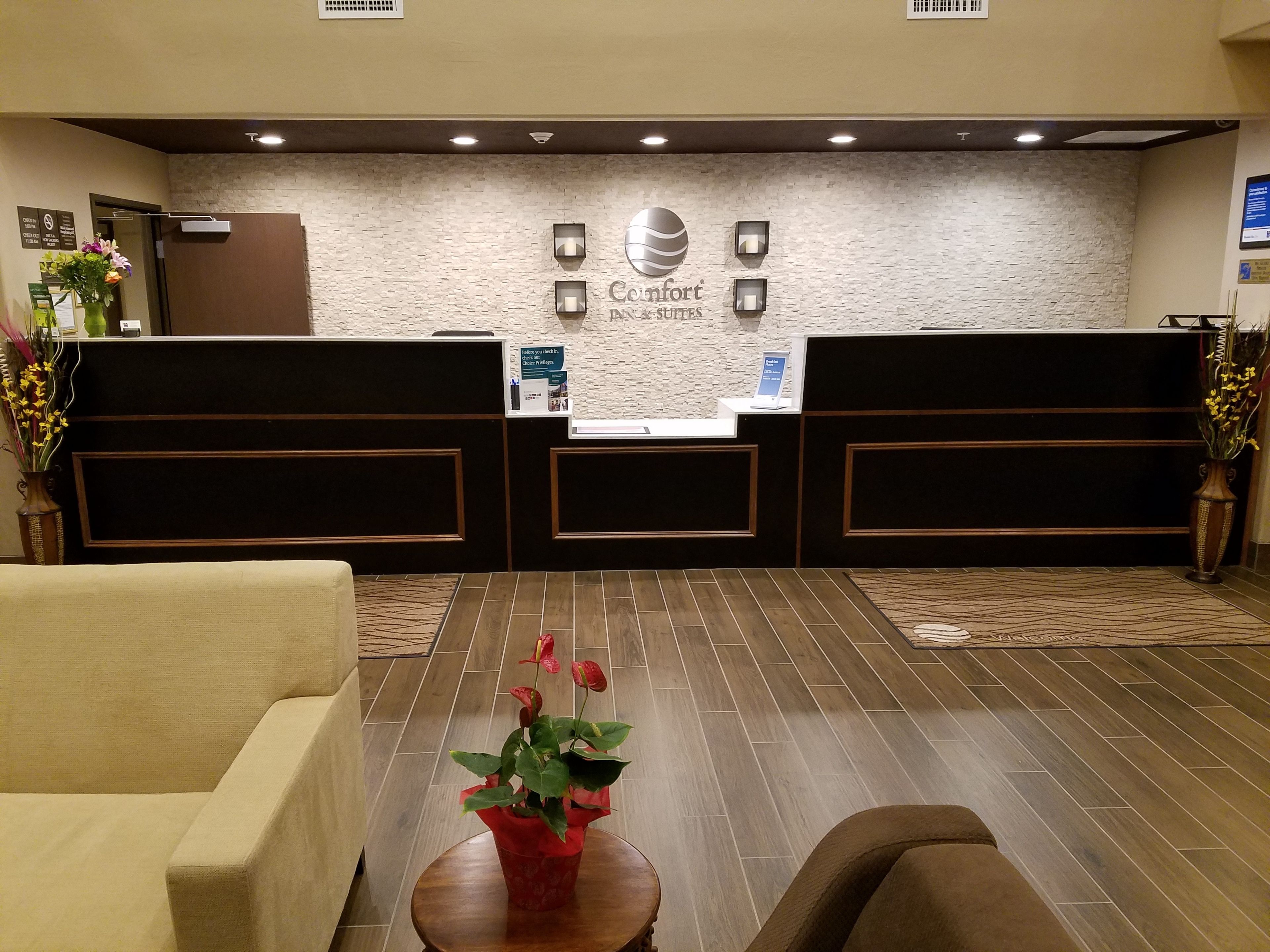 A reception area with a stone wall, two reception desks, and a small table with a plant.