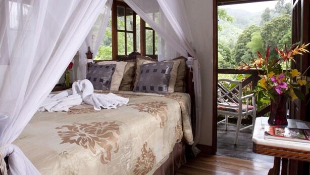 A bedroom with a canopy bed, a wooden chair, and a table with a vase of flowers. - Forres Park Resort & Spa (Mavis Bank)