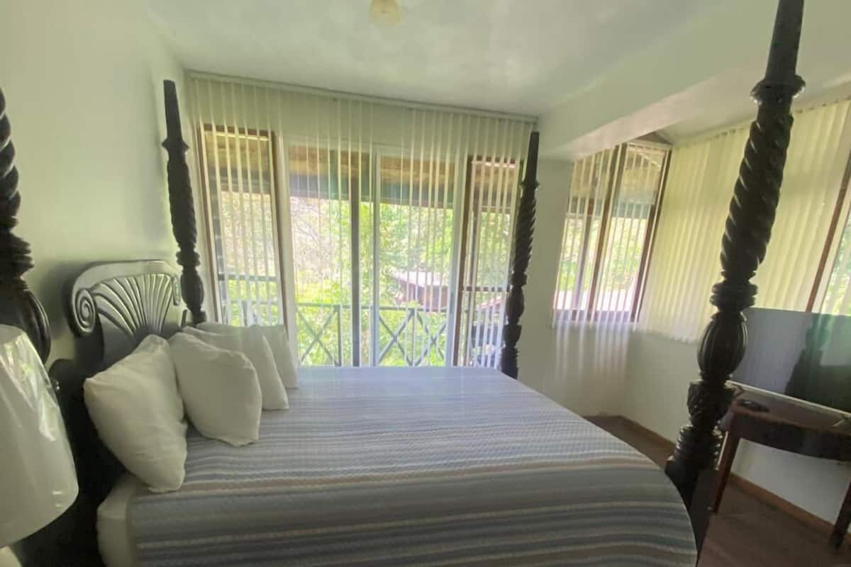 A bedroom with a large bed, a wooden headboard, a nightstand, a desk, and a view of the outdoors through the windows.