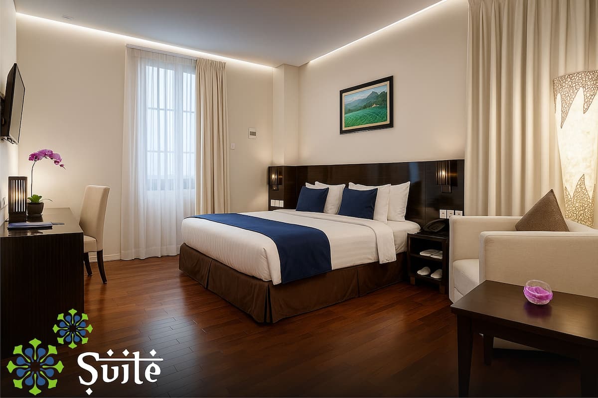 A modern hotel room with a large bed, a desk, a chair, and a sofa.