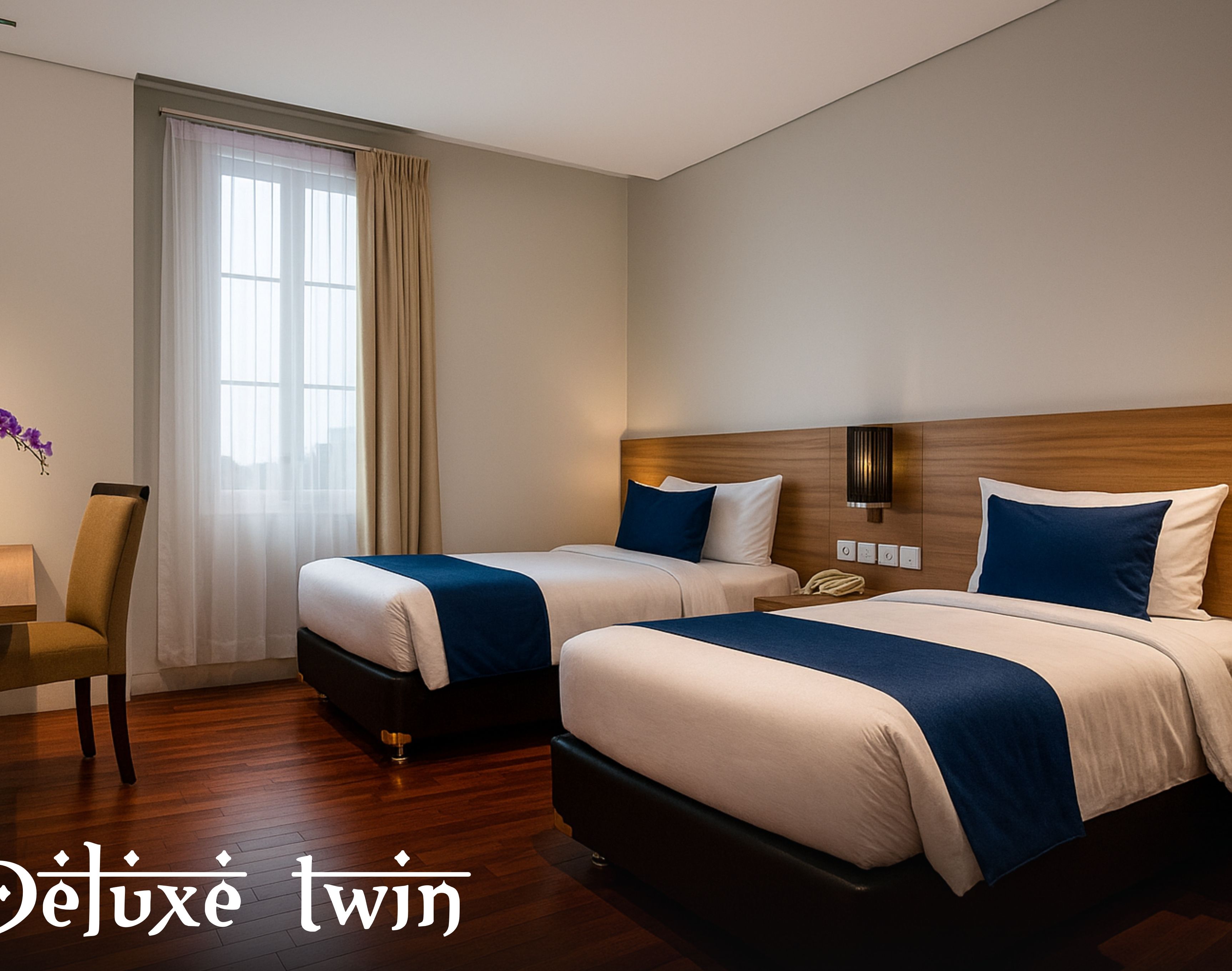 Une chambre d’hôtel avec deux lits, un bureau avec un ordinateur portable, une télévision et une fenêtre avec des rideaux.