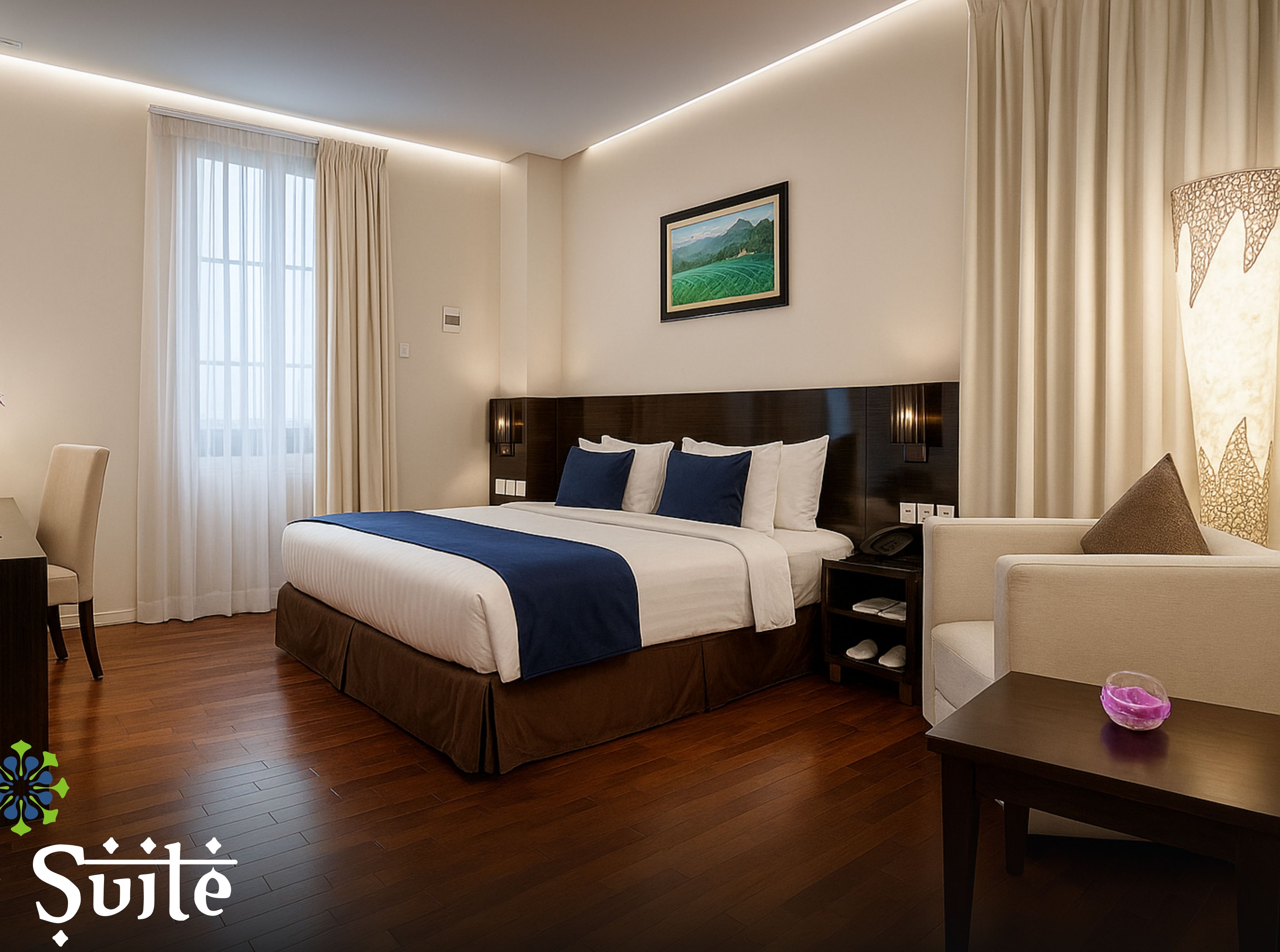 Una habitación de hotel moderna con una cama grande, un escritorio, una silla y un sofá.