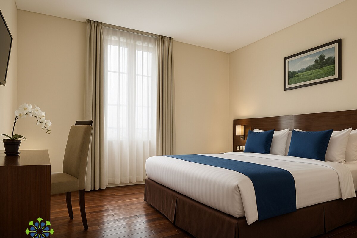 A double room with a large bed, a desk, a chair, a TV, and a window with curtains.