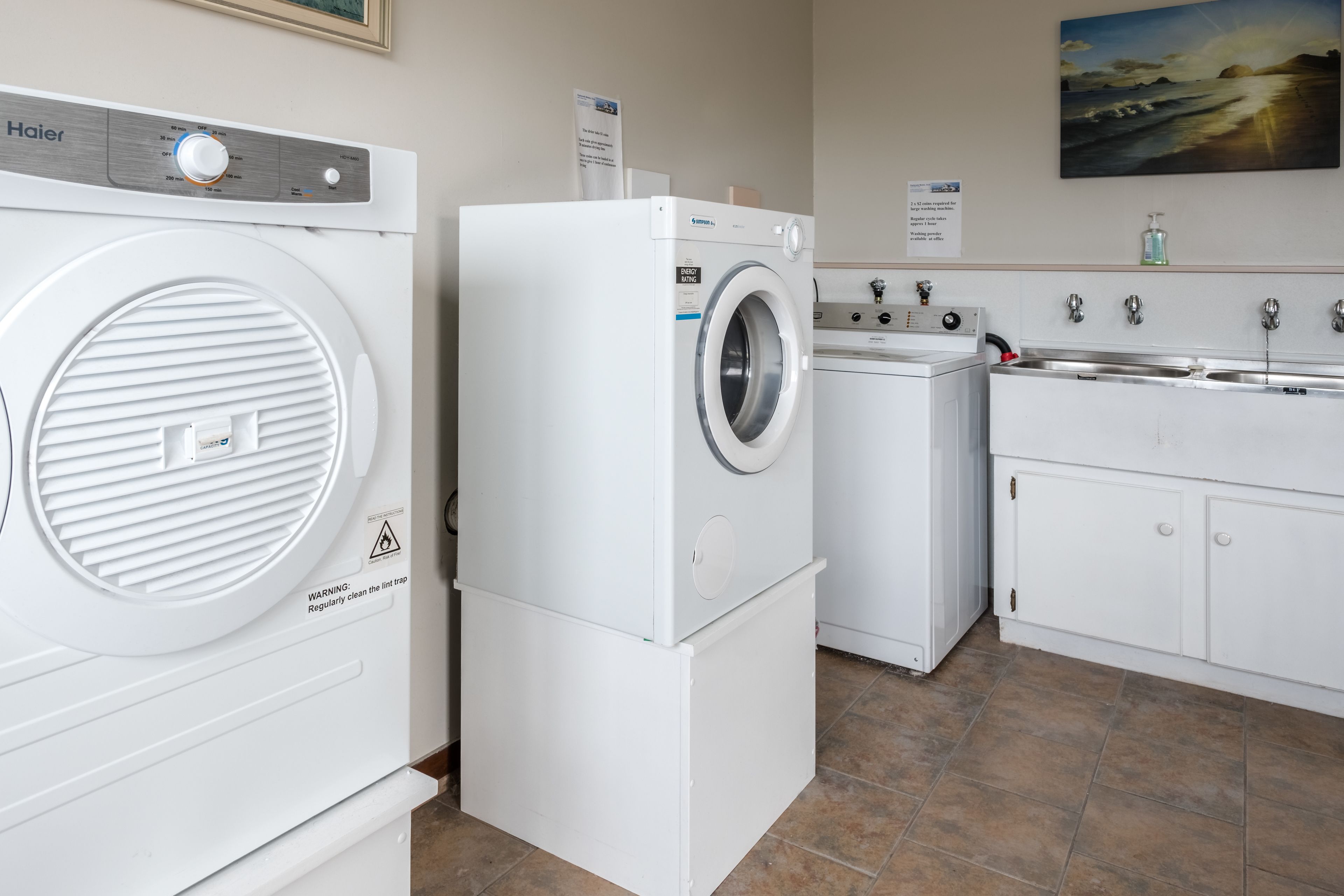 Een wasruimte met een voorlader wasmachine en droger, een wasbak met zeepdispenser, en een schilderij aan de muur.