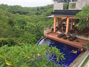 A poolside area with a view of a lush forest, a covered seating area, and a pool.