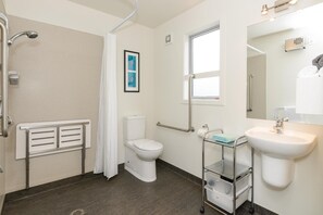 A bathroom with a shower, toilet, sink, and a handrail. - Ellena Court Motel (Blenheim)