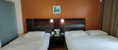 A hotel room with two single beds, a wooden headboard, an air conditioning unit, a bedside table with a phone, and a framed picture on the wall.