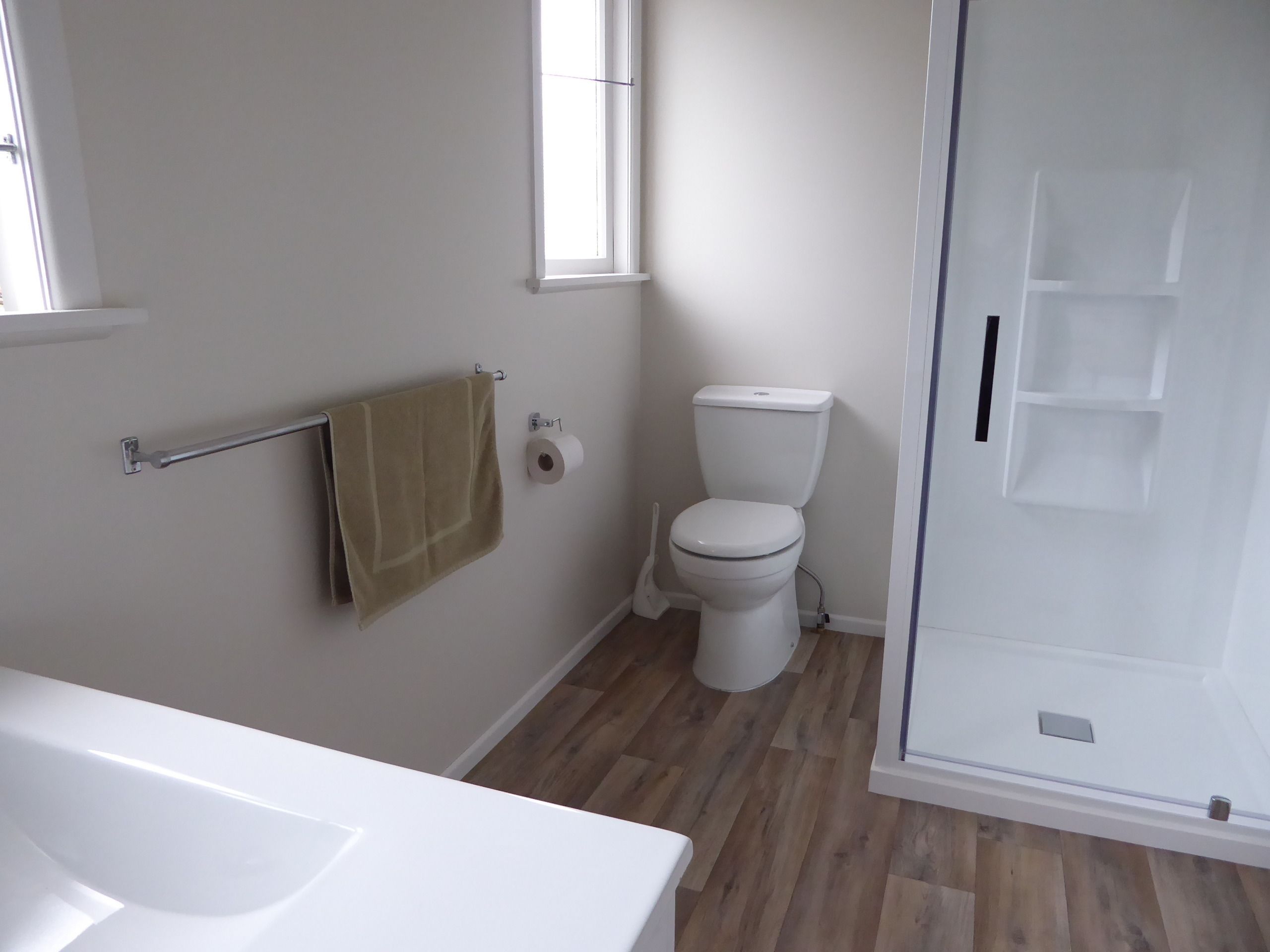 Een badkamer met toilet, een handdoekhouder en een douchehoek.