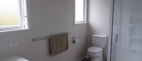 Un baño con una bañera blanca, un inodoro y una cabina de ducha de vidrio.
