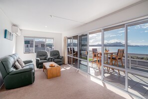 First Floor Two Bedroom with Kitchenette and Sea View | Living area | TV - Waterfront Apartments Whitianga (Whitianga)