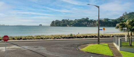A road with a stop sign and a pedestrian crossing near a body of water.