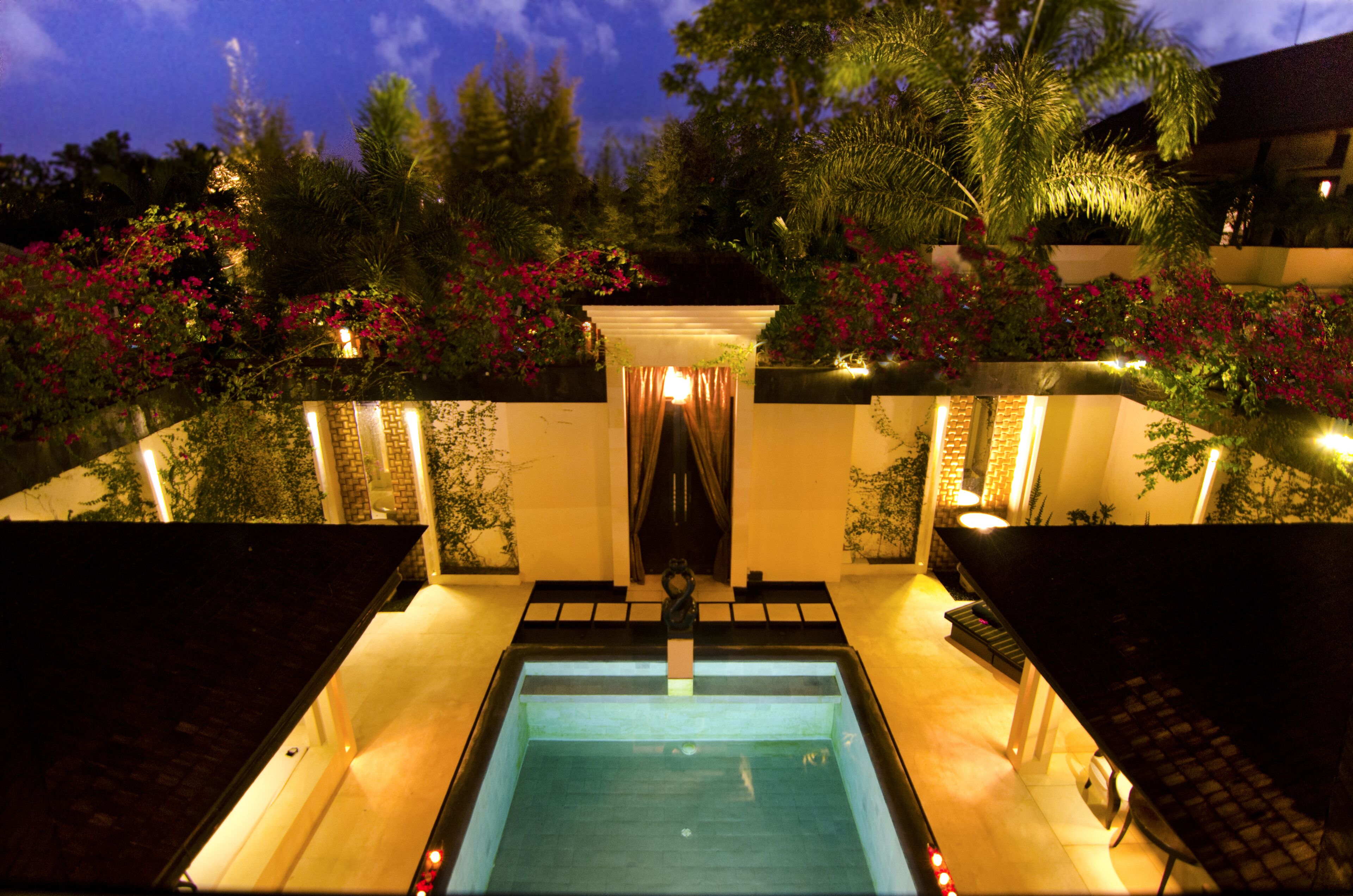 A swimming pool with a view of a garden at dusk.