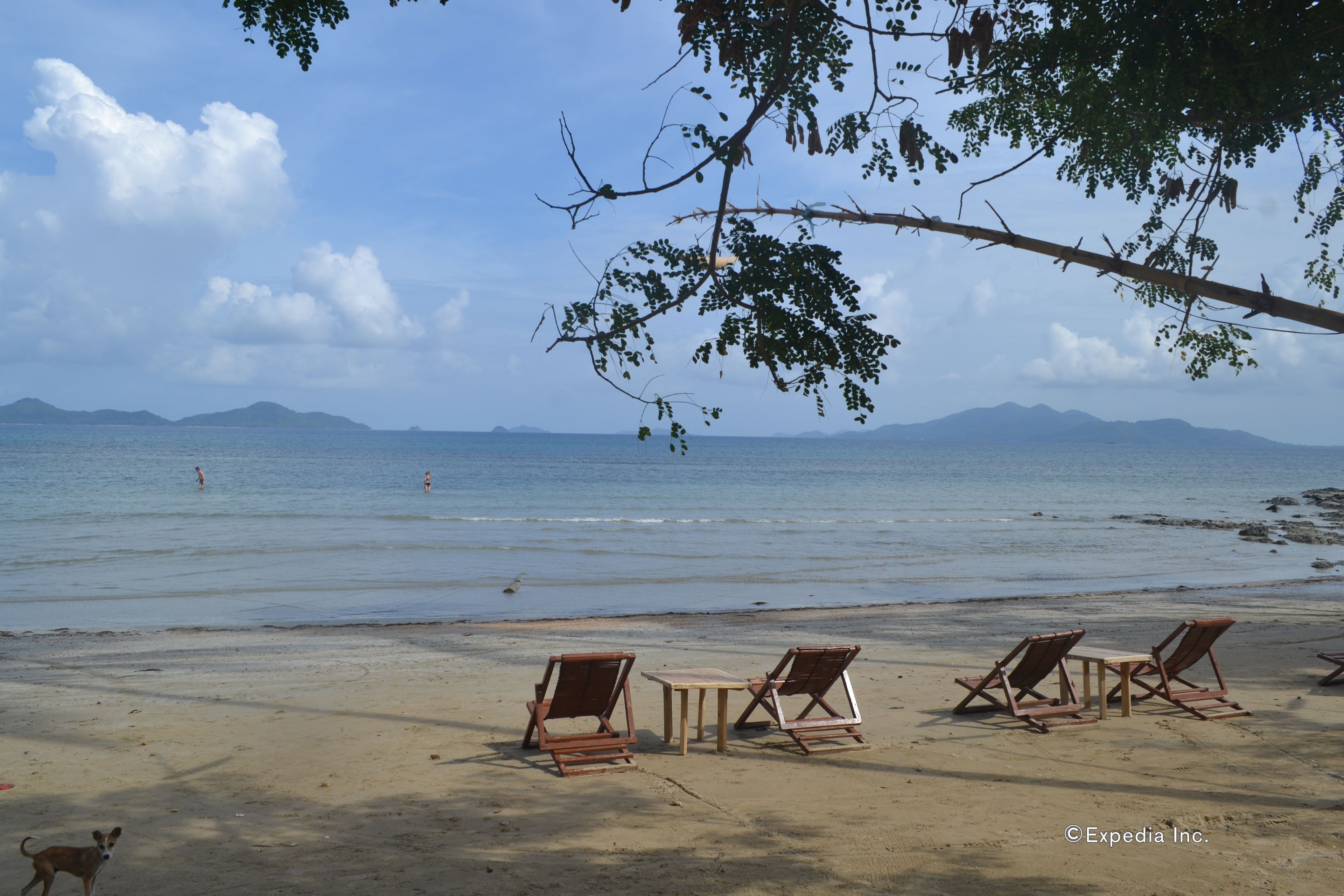 A beach with two wooden chairs and a table under a tree, overlooking the sea and distant mountains.