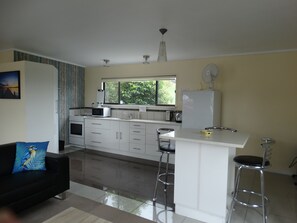 Estudio Confort, varias camas, vistas a la montaña | Cocina privada | Frigorífico grande, microondas, horno y placa de cocina