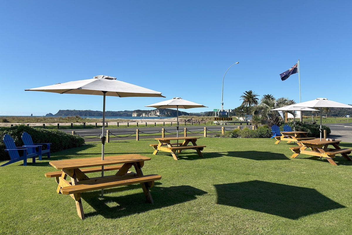 A grassy area with picnic tables and umbrellas, a flag, and a road with directional signs.