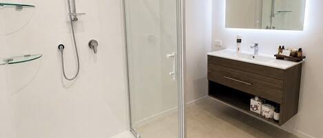 A modern bathroom with a glass shower enclosure, a white sink with a vanity, and a mirror above the vanity.