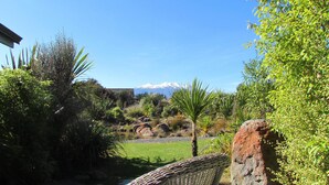 Un jardin avec une montagne en arrière-plan, une chaise en osier et diverses plantes.