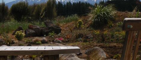 A wooden table and chair in a garden with a mountain in the background.