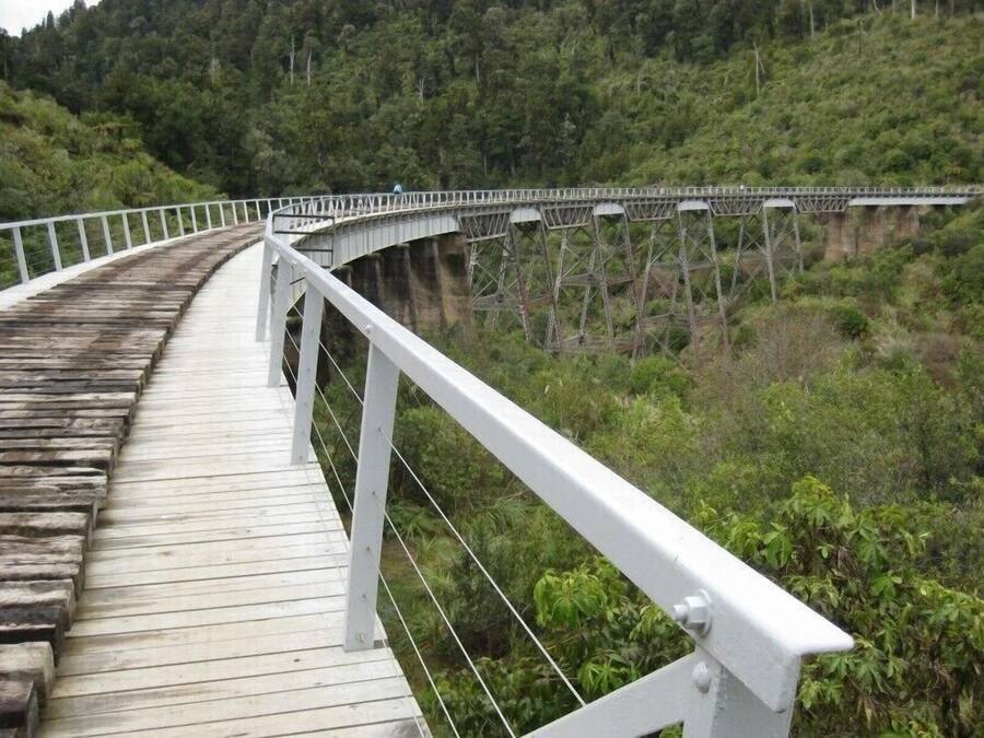 A wooden pedestrian bridge with white railings, spanning over a forested area.