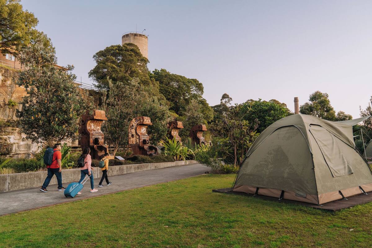 A grassy area with a tent and a pathway.