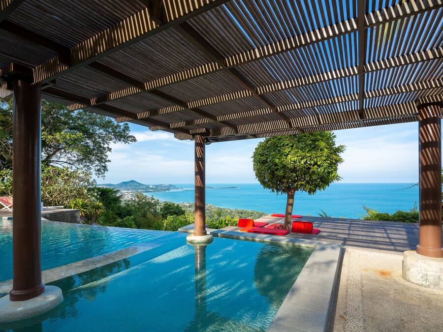 Utendørsbasseng, bassengparasoller og solsenger