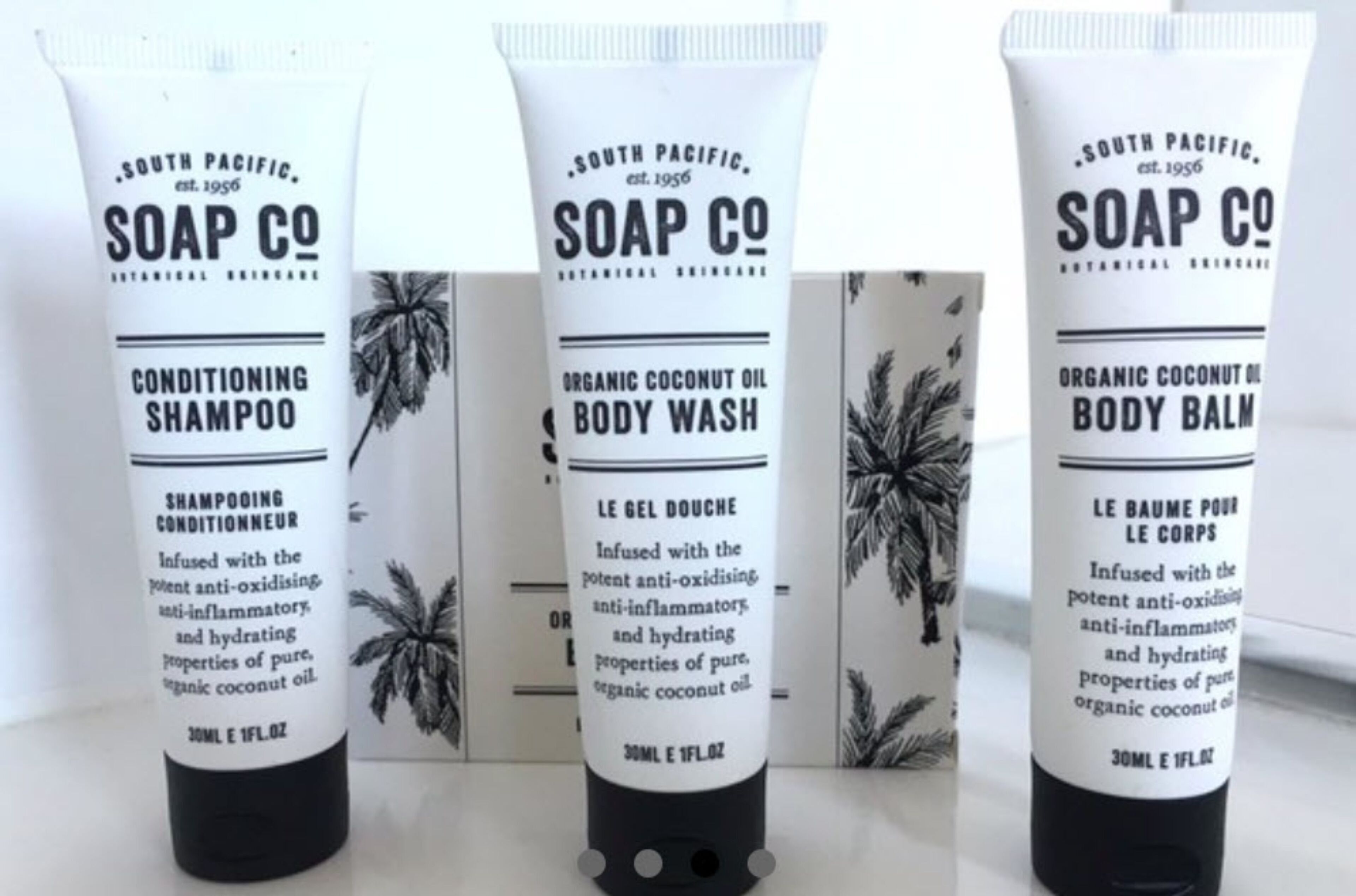 Three tubes of South Pacific Soap Co. products: Conditioning Shampoo, Organic Coconut Oil Body Wash, and Body Balm.