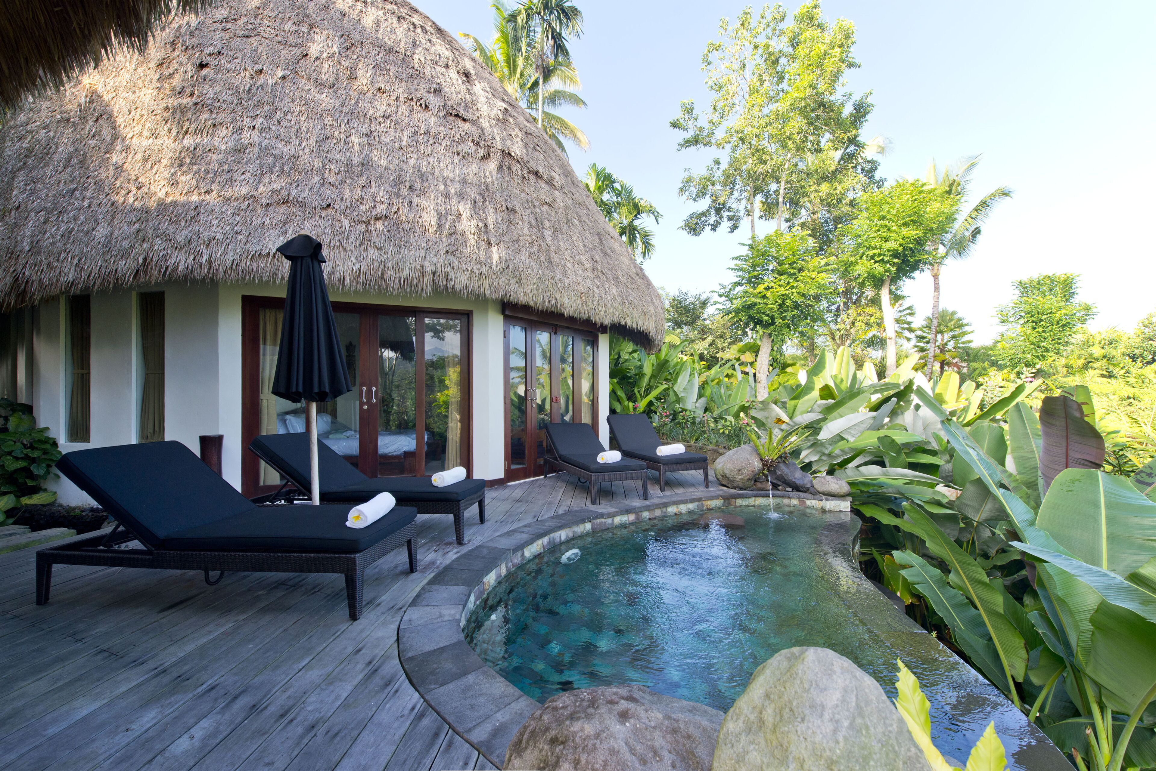 4 outdoor pools, open 7:00 am to 8:00 pm, pool umbrellas, pool loungers