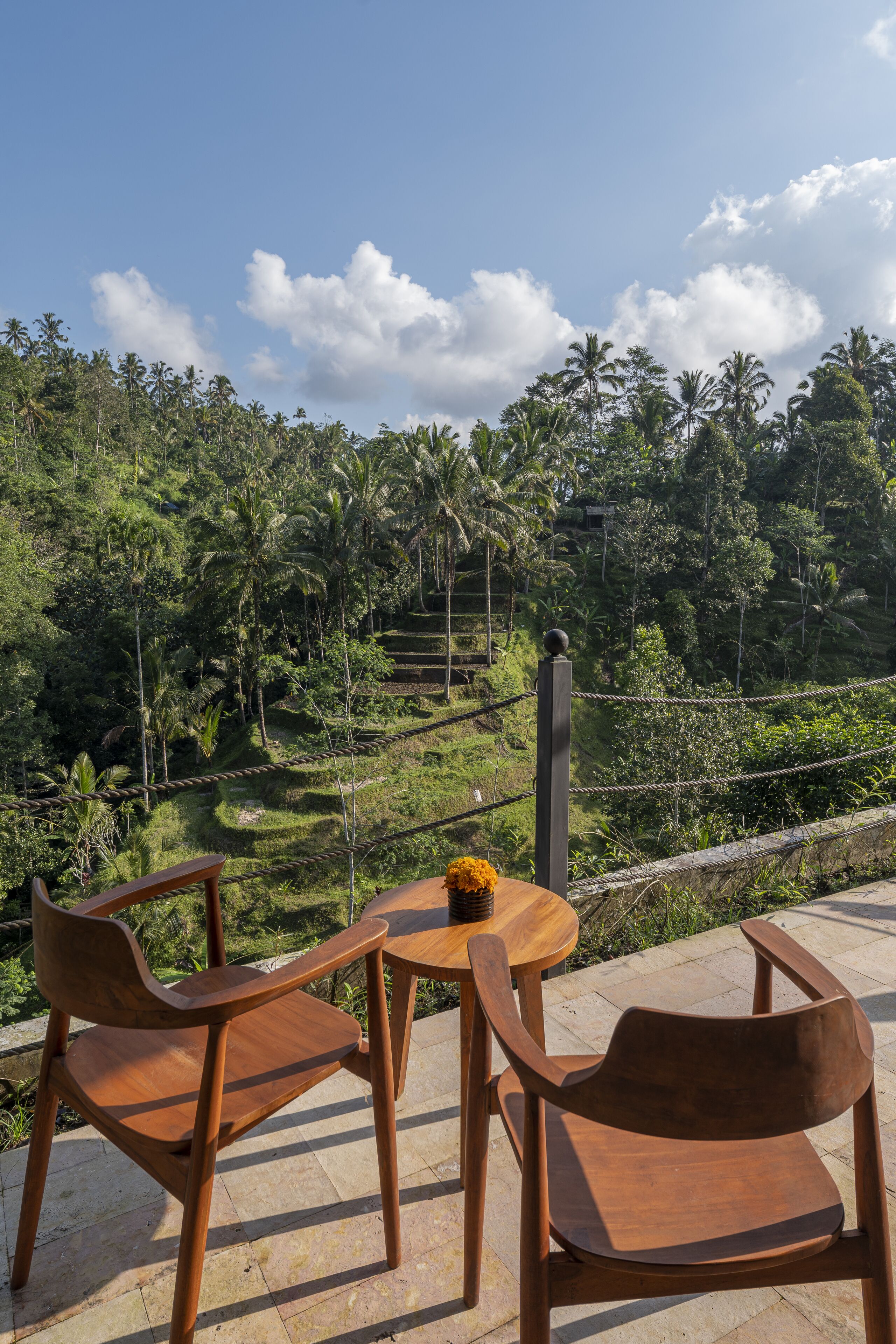 A terrace with wooden chairs and a table, overlooking a lush landscape with palm trees and terraced fields.