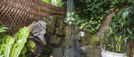 A traditional Japanese garden with a bamboo water feature, stone lanterns, and lush greenery.