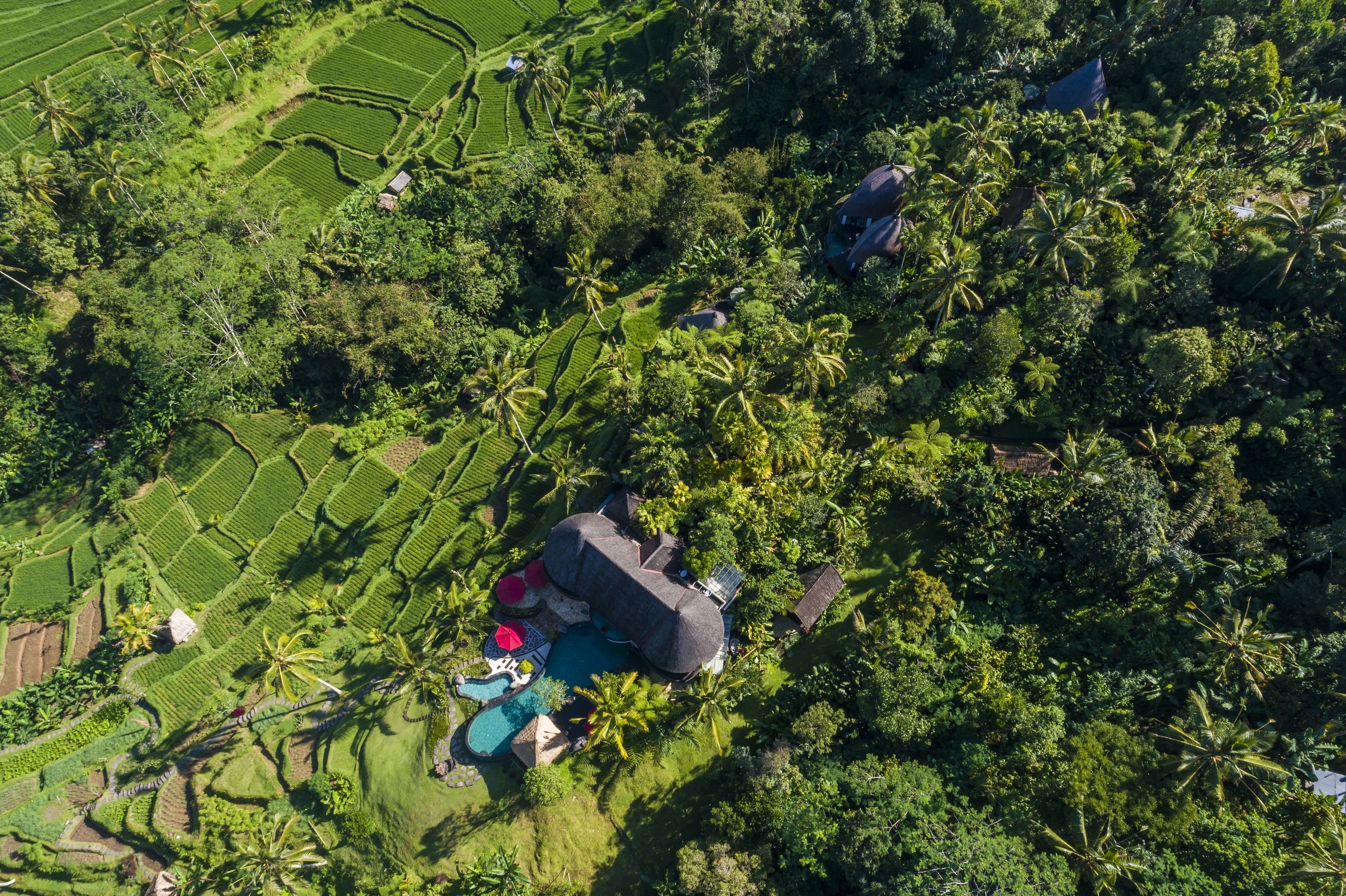 An aerial view of a resort with a large building, swimming pool, and lush greenery.