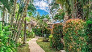 Un sendero en un jardín tropical que lleva a una edificación con techo de paja.