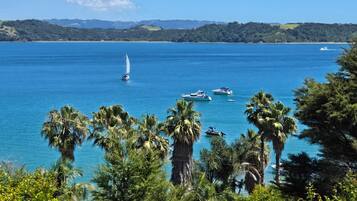 A coastal view with boats on the water, palm trees, and distant hills.