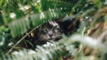 A cat peeking through dense green foliage.