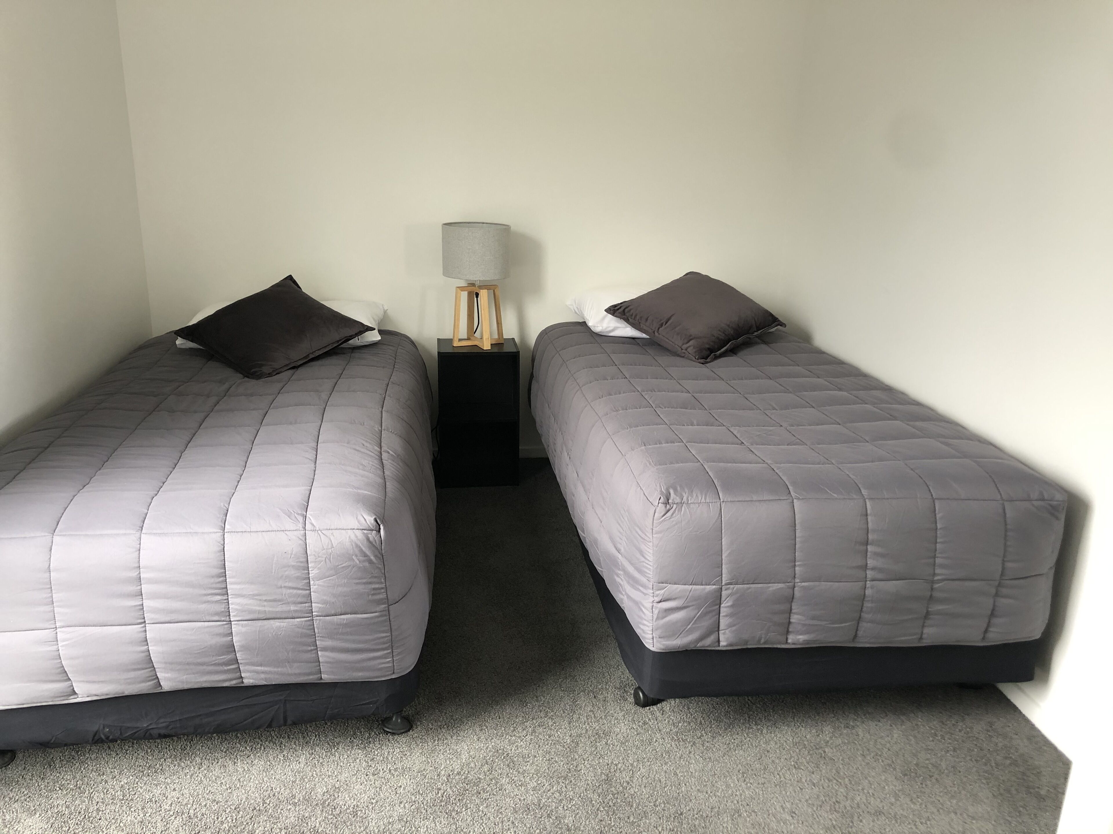 Two single beds with grey bedding, a small bedside table with a lamp, and a carpeted floor.