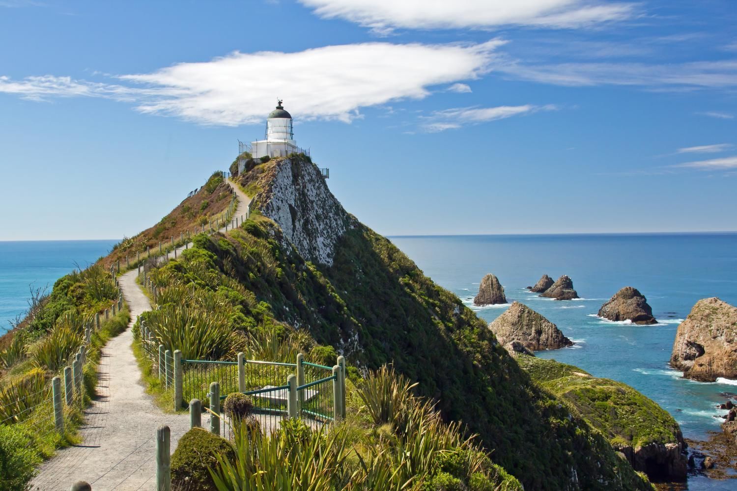 Un phare se dresse sur une colline verdoyante, accessible par un chemin pavé, et offre une vue imprenable sur l’océan.