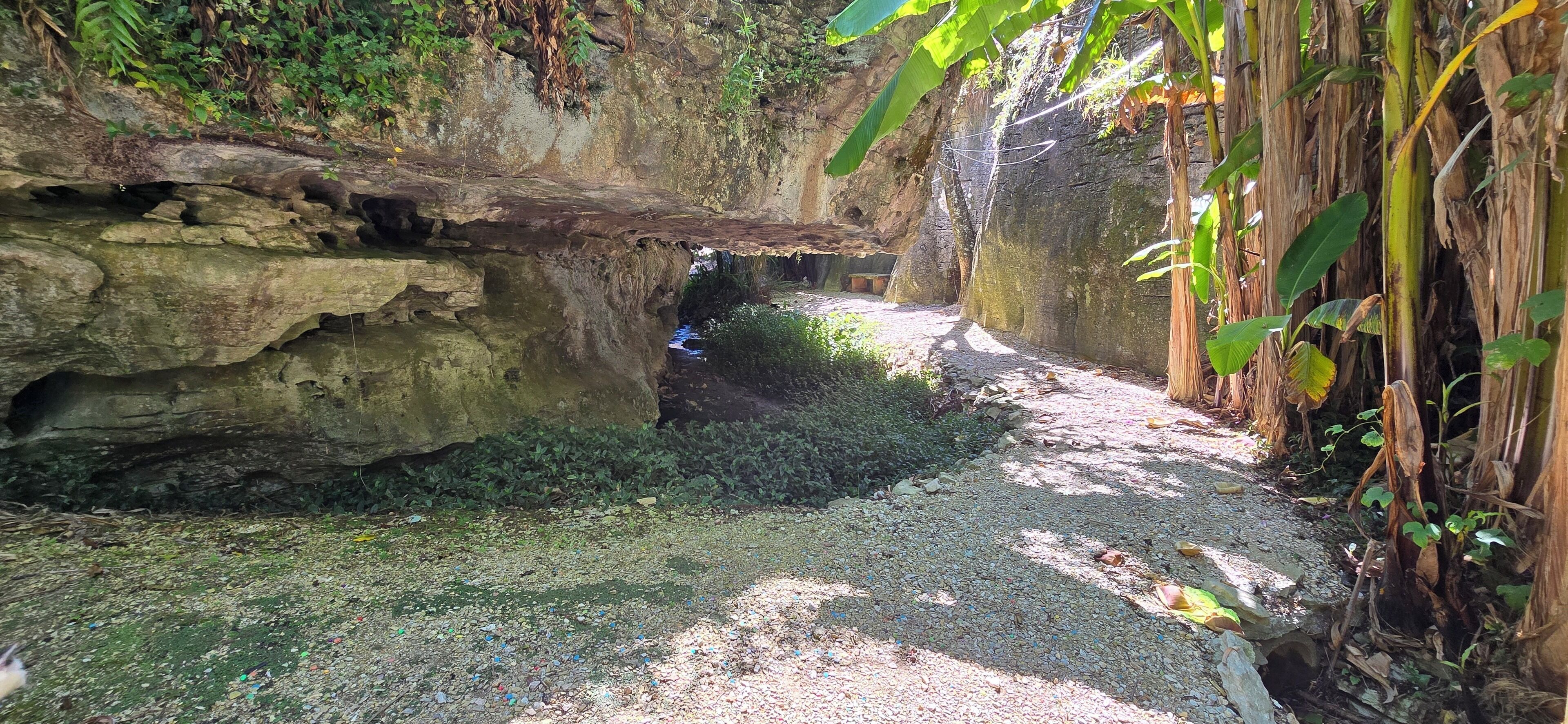 Un sentiero stretto costeggiato da pareti rocciose e vegetazione, che conduce all'ingresso di una grotta.