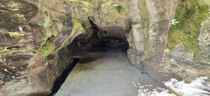 A narrow passageway with a concrete floor, surrounded by rocky walls with some greenery.