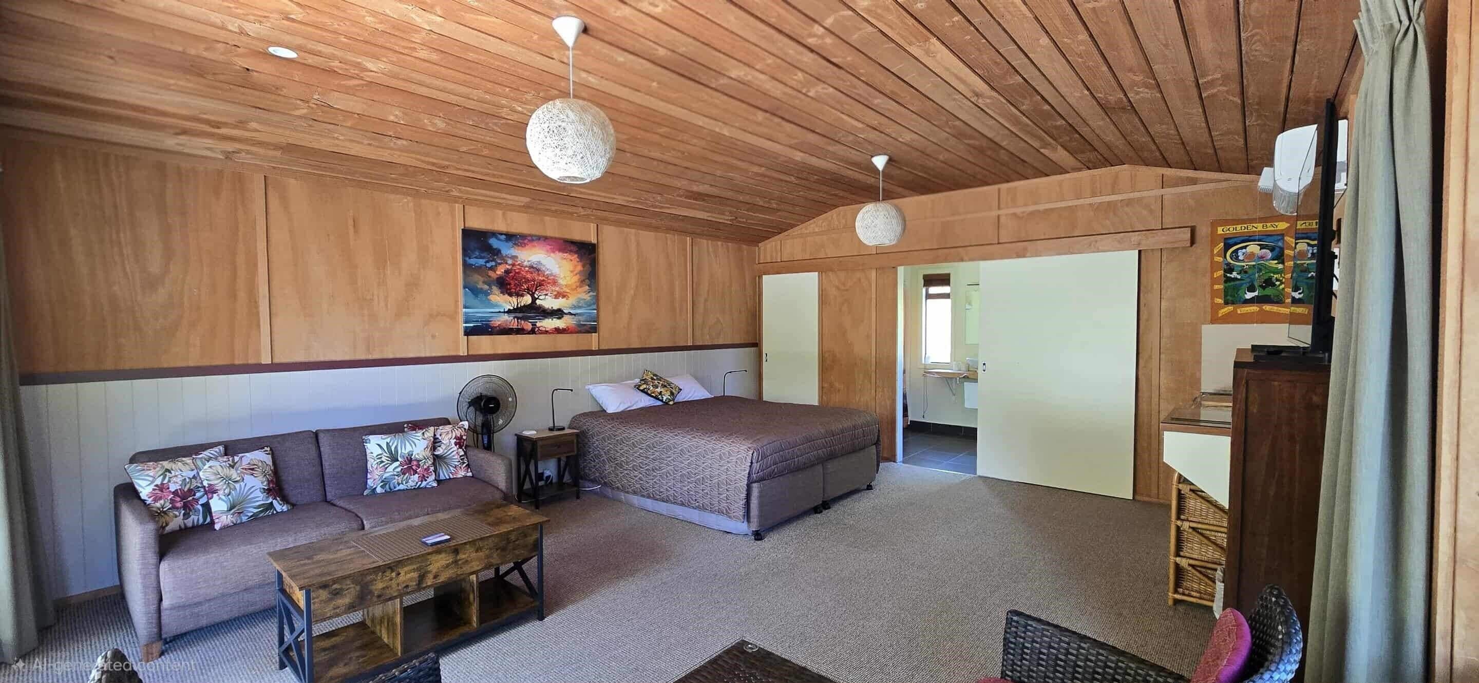 Una habitación con sofá, cama, una mesita y ventilador de techo.
