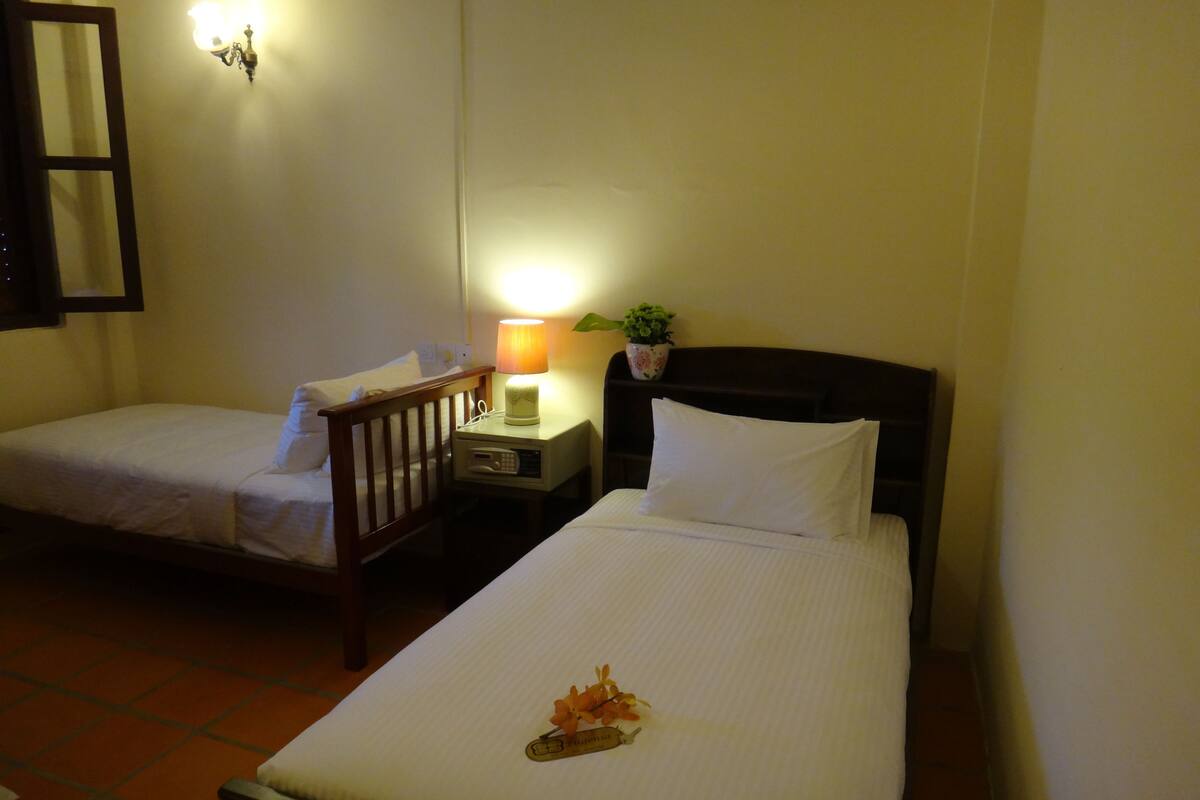 A hotel room with two single beds, a nightstand with a lamp, a small potted plant, and a wooden chair.