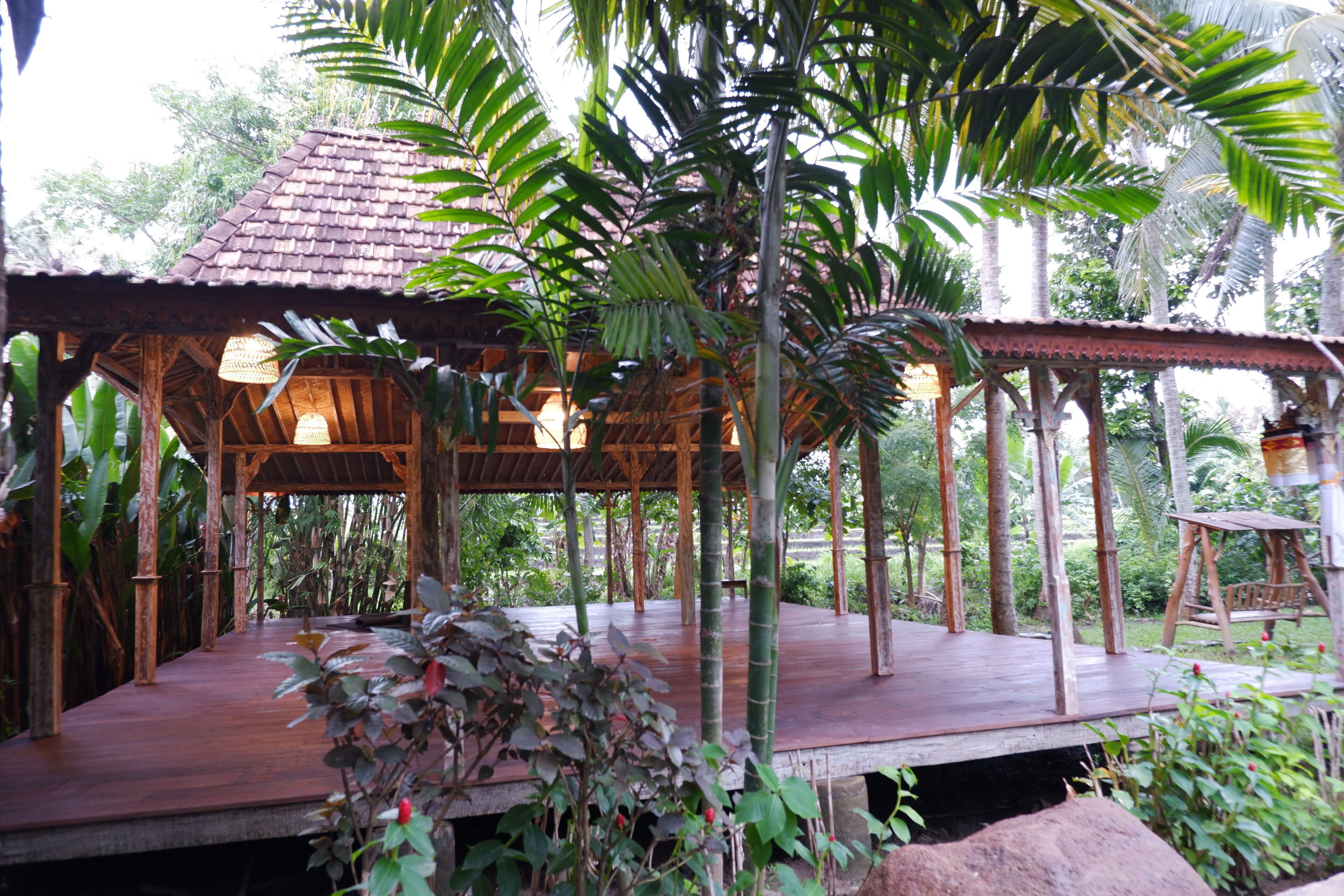 A wooden gazebo with a tiled roof, surrounded by lush tropical vegetation.