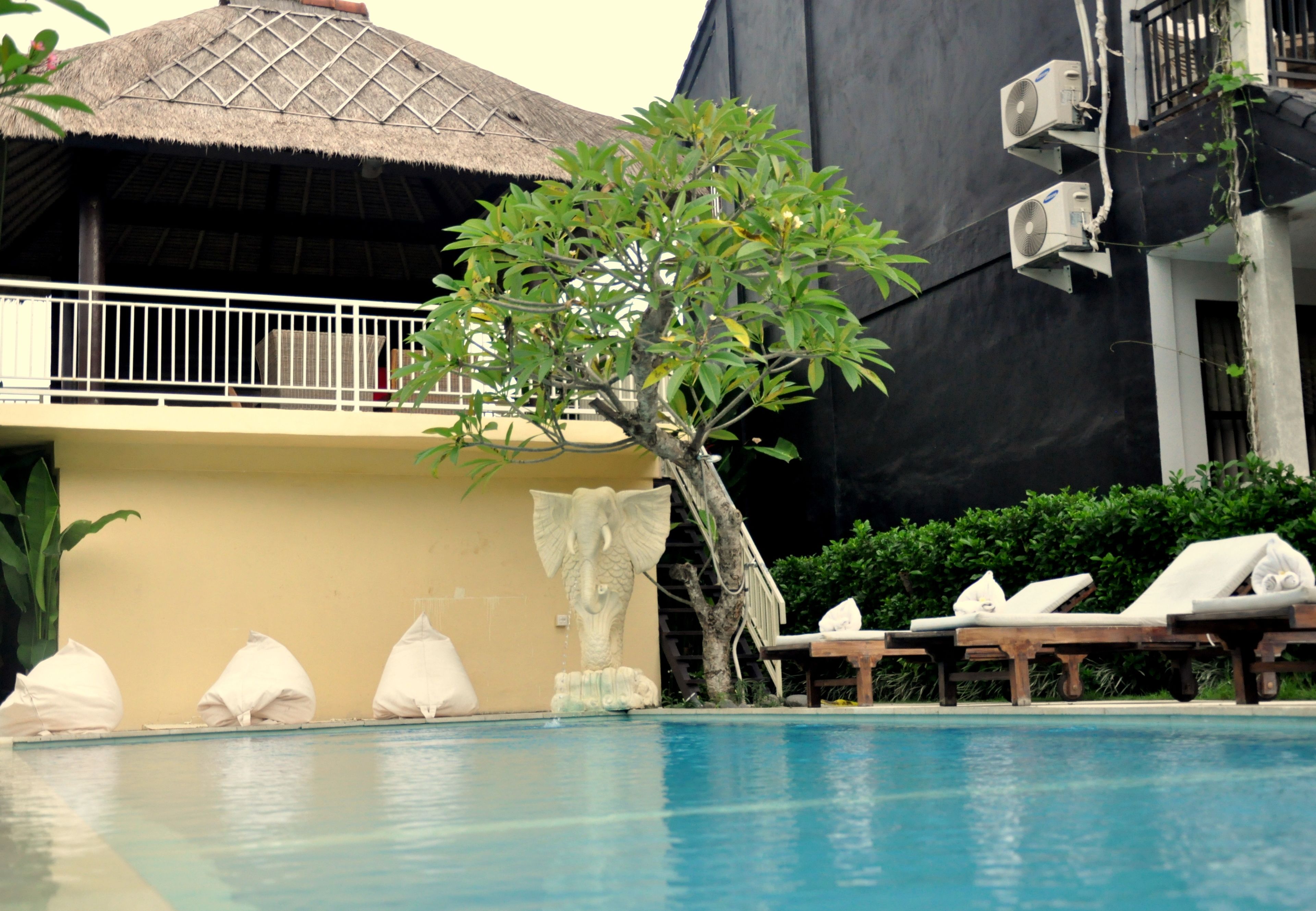 A swimming pool with lounge chairs and a decorative elephant statue.